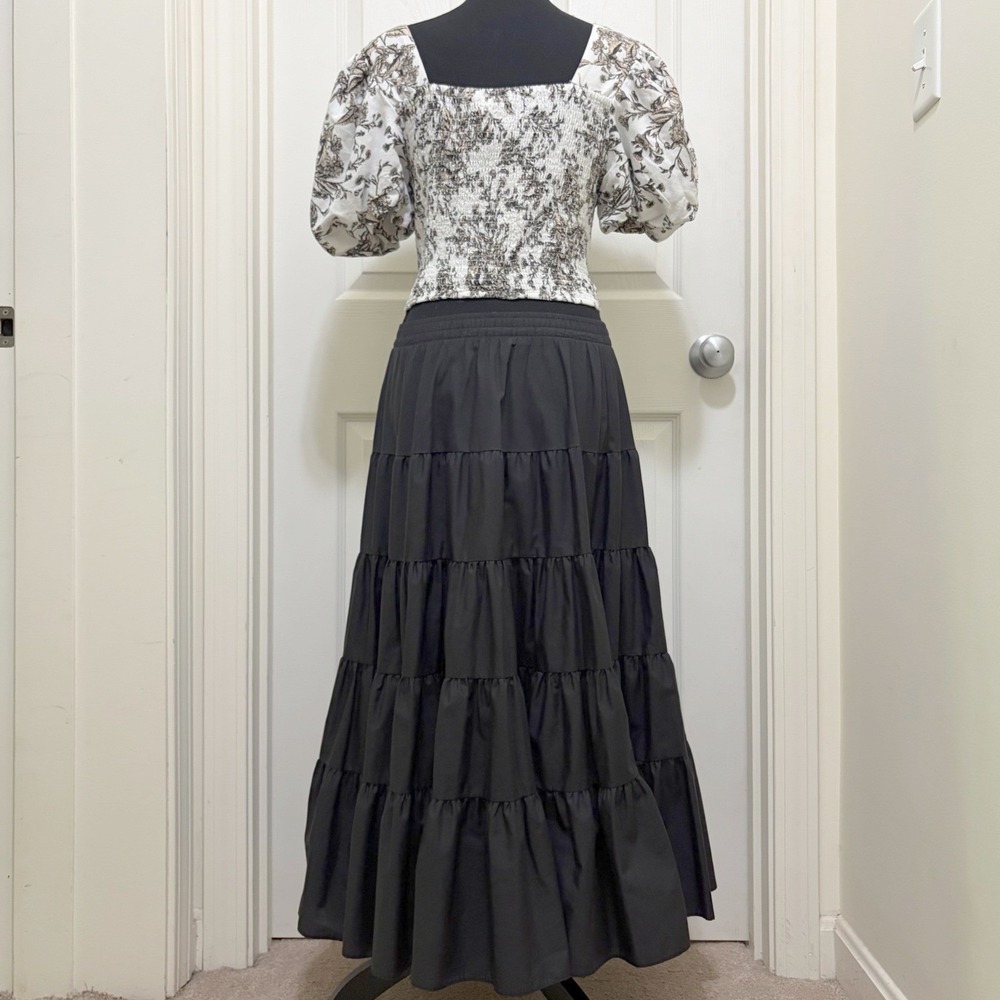Vintage Malco Modes Black Tiered Midi Skirt Small USA Made Prairie Rockabilly - Picture 6 of 11